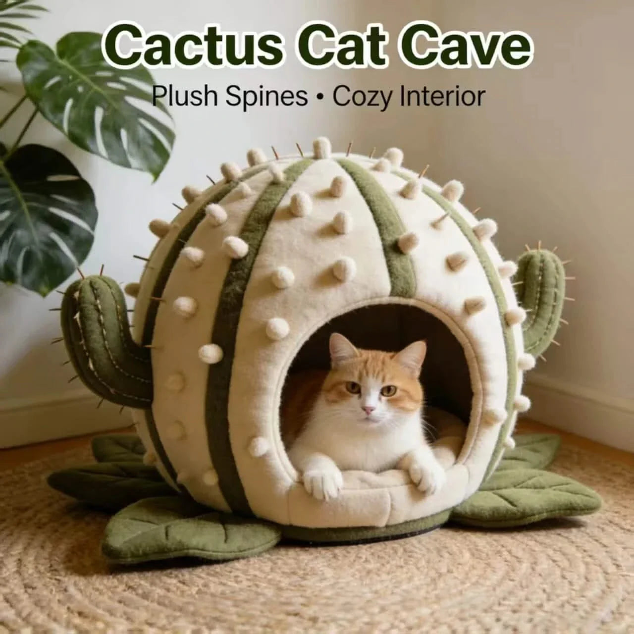 Desert Cat Bed, Cactus Cave Design, Cozy Interior, Beige, Plant-Filled Space Nest