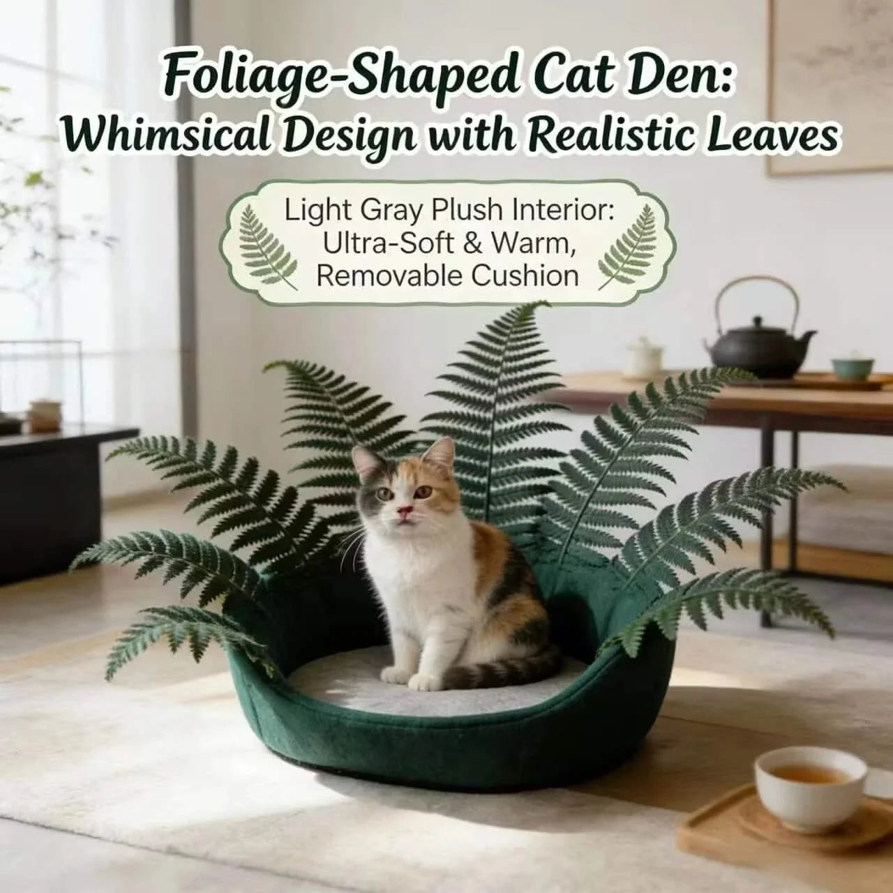 Cat Bed, Potted Fern Shape, Plush Material, Green/White, Botanical Cave Bowl, All-Season