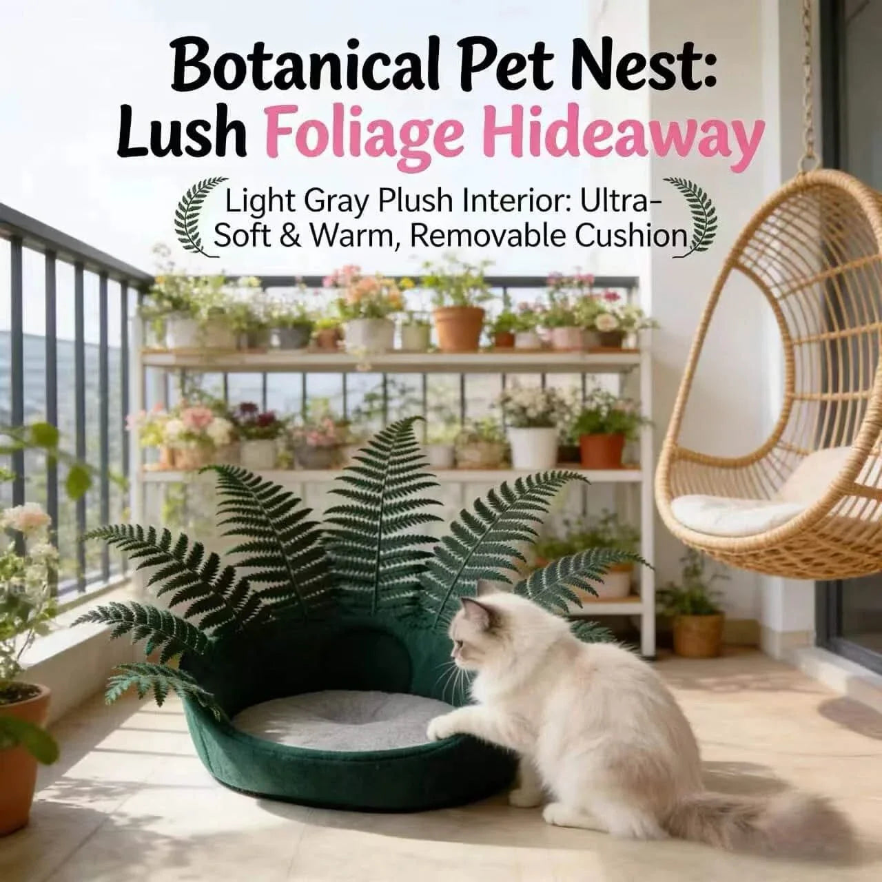 Cat Bed, Potted Fern Shape, Plush Material, Green/White, Botanical Cave Bowl, All-Season