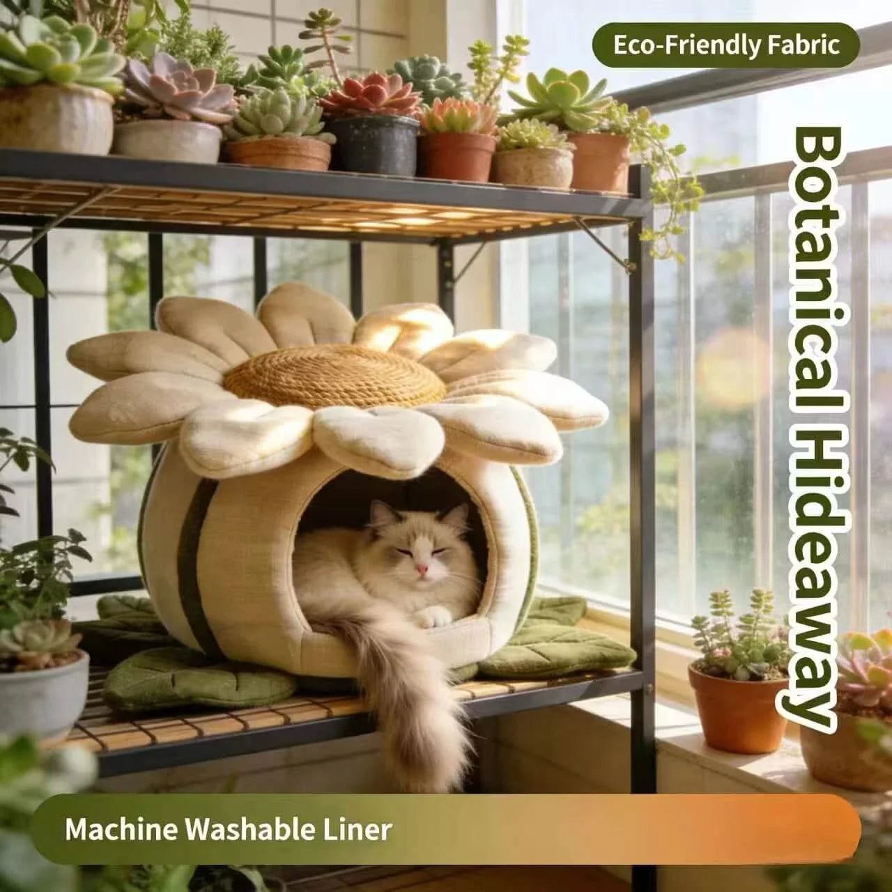  Privacy Pet Bed for Indoor Cats, Sunflower Shape, Non-Slip Base