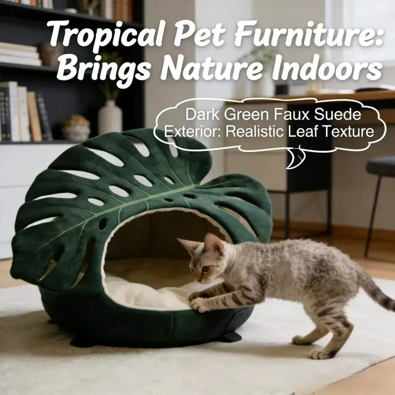 Cat Bed, Monstera Leaf Shape, Fuzzy Fabric, Green,  All-Season