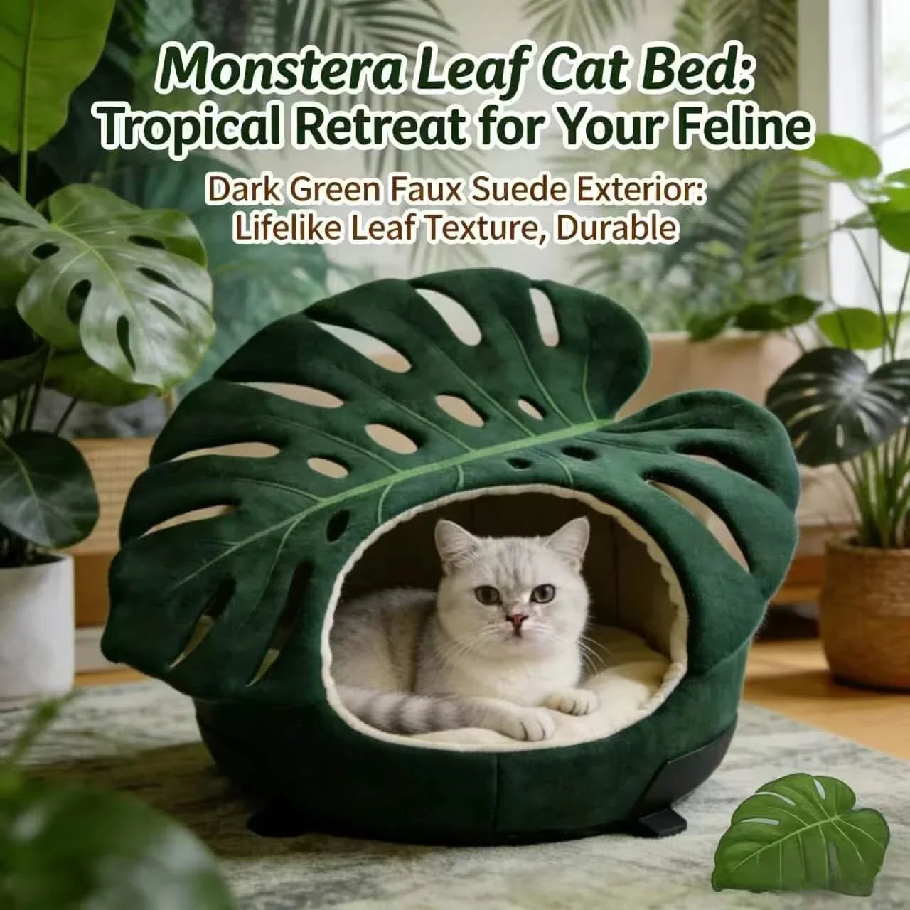 Cat Bed, Monstera Leaf Shape, Fuzzy Fabric, Green,  All-Season
