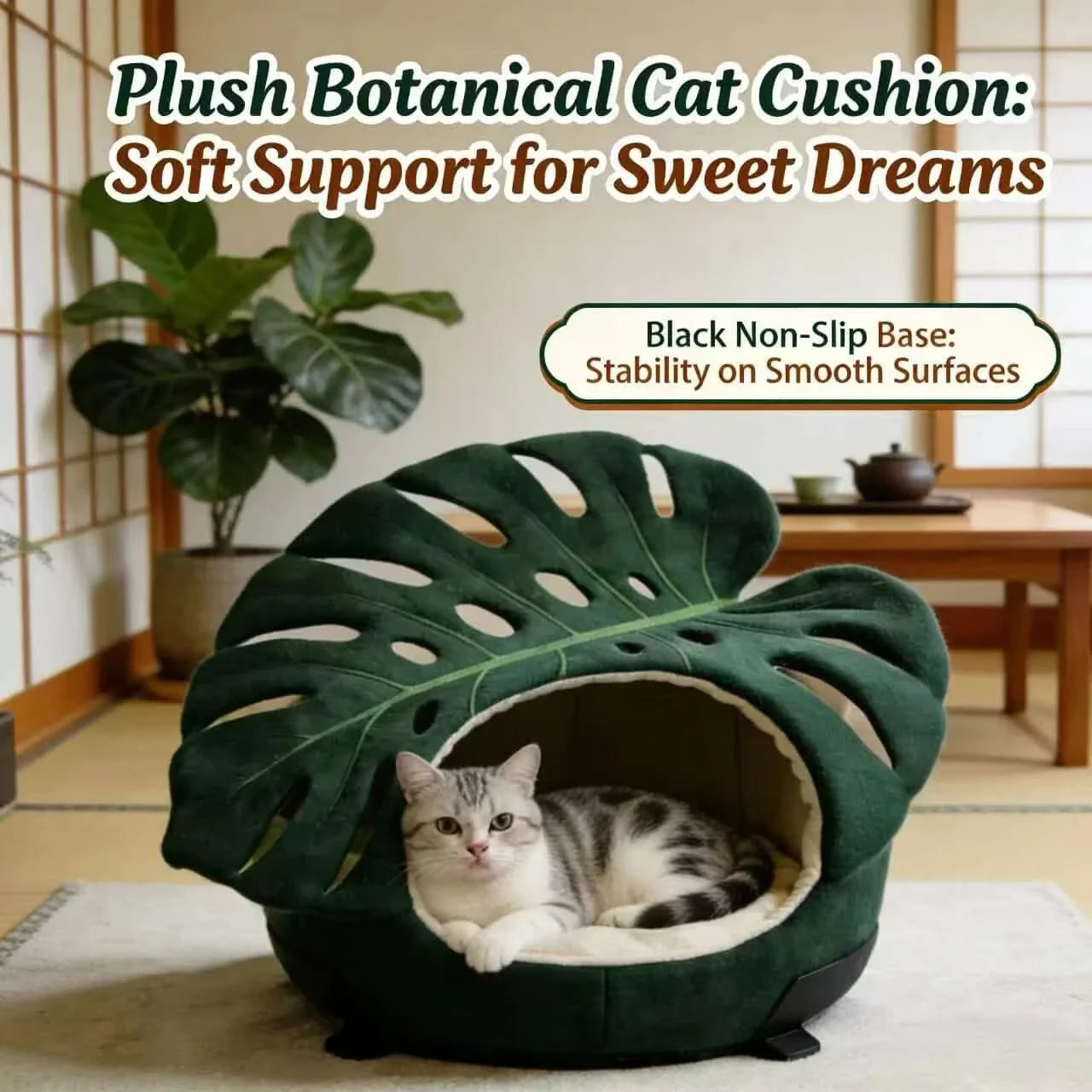 Cat Bed, Monstera Leaf Shape, Fuzzy Fabric, Green,  All-Season