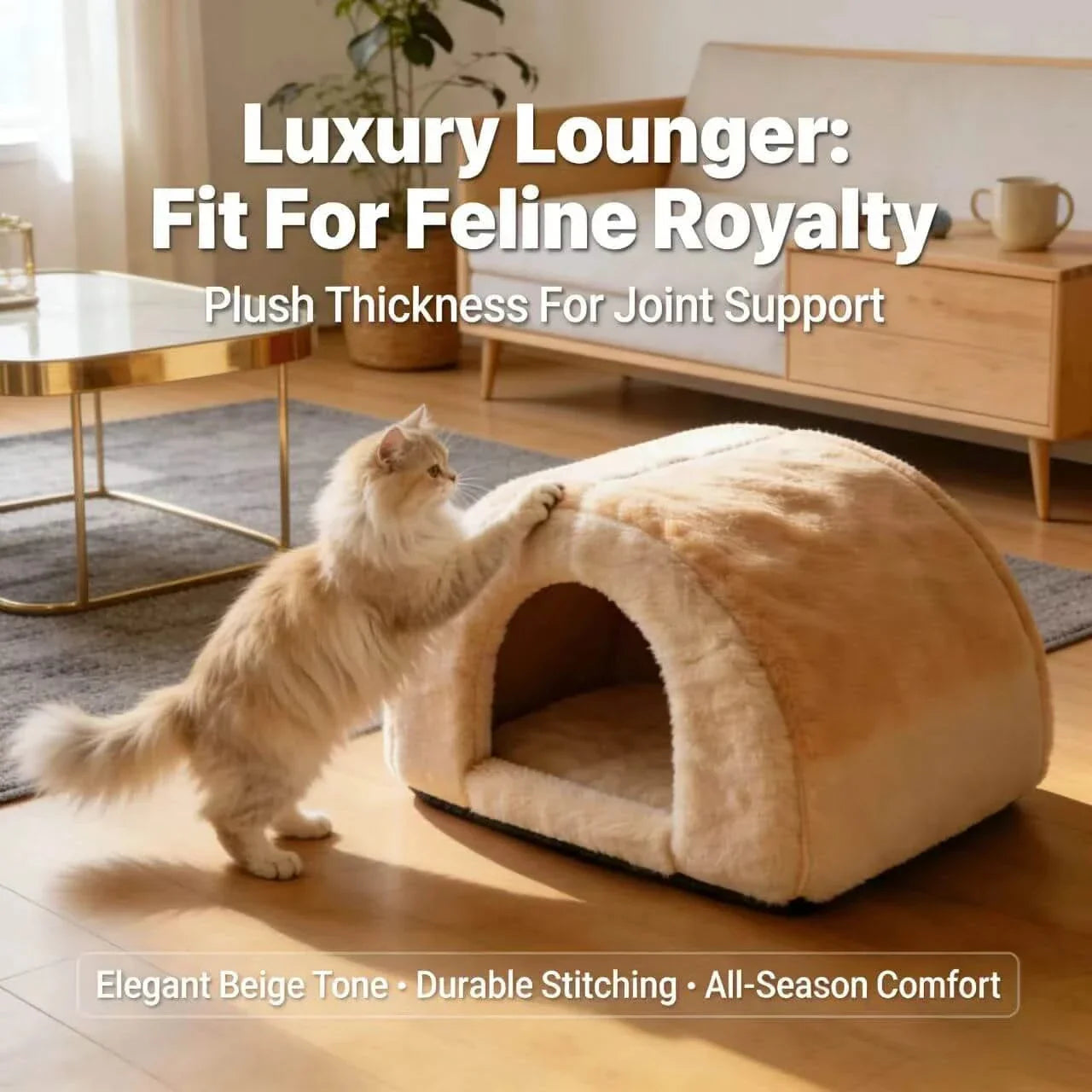 Royal Cat Bed,  Thick Plush, Beige, Feline Royalty Lounger, All-Season Comfort