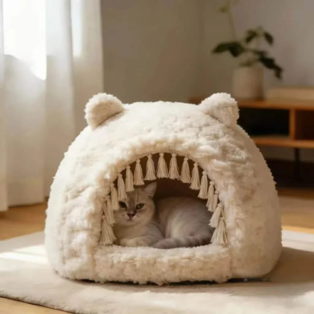 Cat Bed, Bear Hug Shape, Fluffy Material, Beige/White, Combo Toy & Cave, All-Season