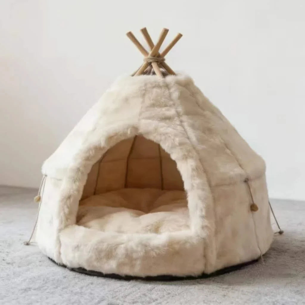 Bohemian Pet Bed for Cats, Tipi Tent Shape, Plush Fabric, White/Cream, Boho-Chic Cave
