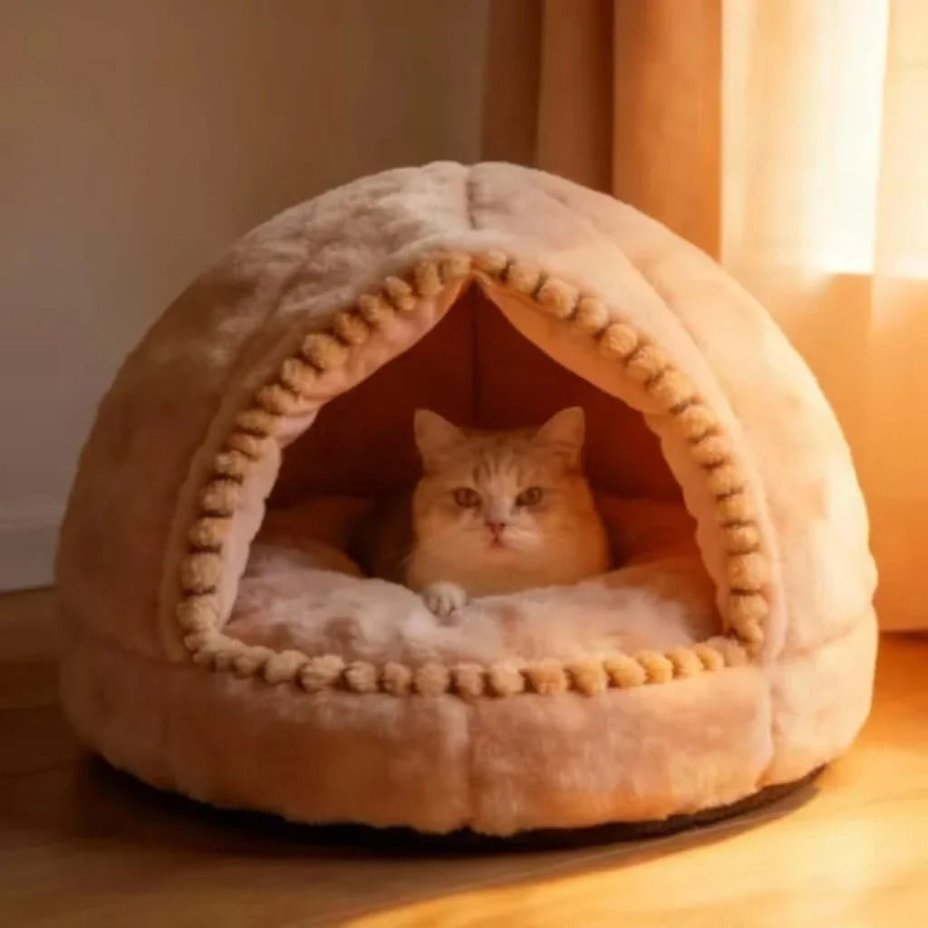 Modern Cat Bed, Dome Tent Design, Soft Plush, Beige, Calming Nest, All-Season Comfort