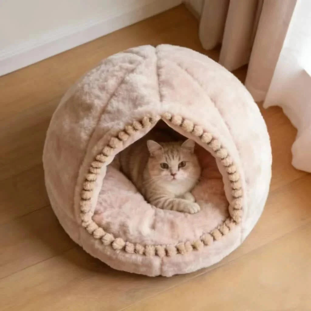 Modern Cat Bed, Dome Tent Design, Soft Plush, Beige, Calming Nest, All-Season Comfort