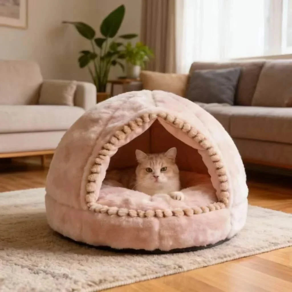 Modern Cat Bed, Dome Tent Design, Soft Plush, Beige, Calming Nest, All-Season Comfort
