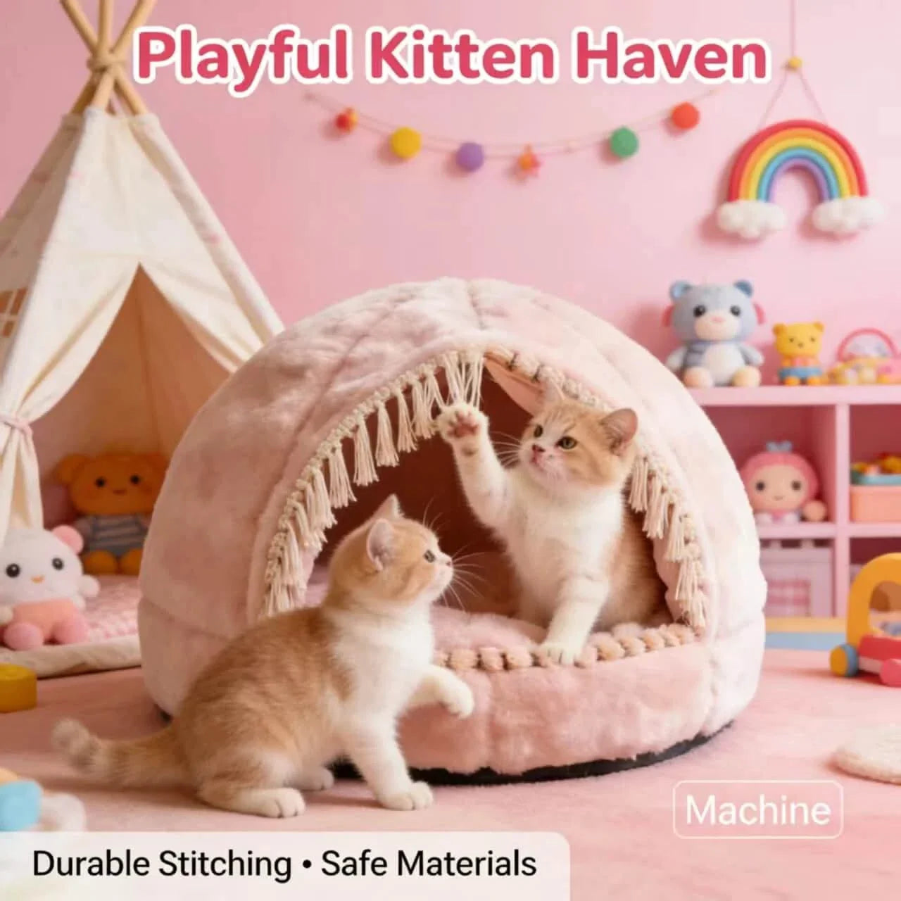 Modern Cat Bed, Dome Tent Design, Soft Plush, Beige, Calming Nest, All-Season Comfort