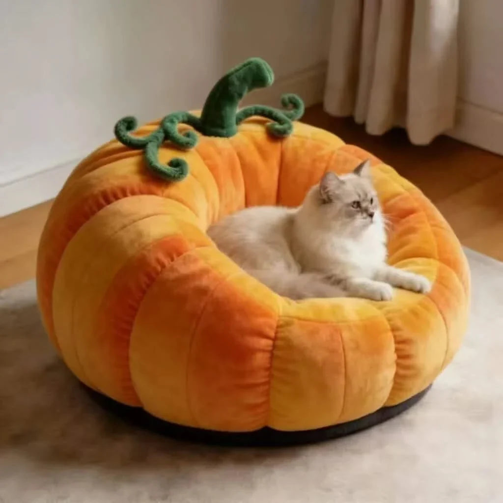 Cat Bed, Pumpkin Shape, Fluffy Material, Orange/Green, Harvest-Themed Cave