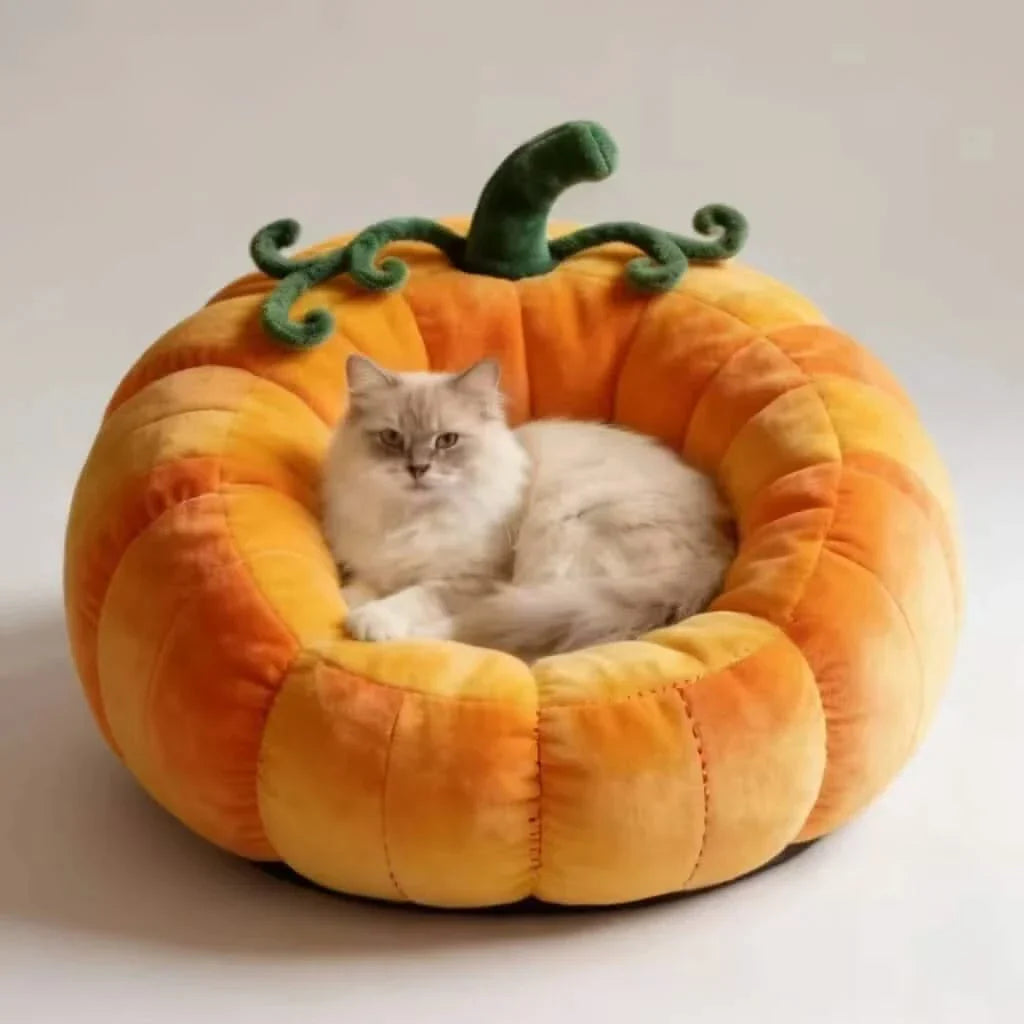 Cat Bed, Pumpkin Shape, Fluffy Material, Orange/Green, Harvest-Themed Cave