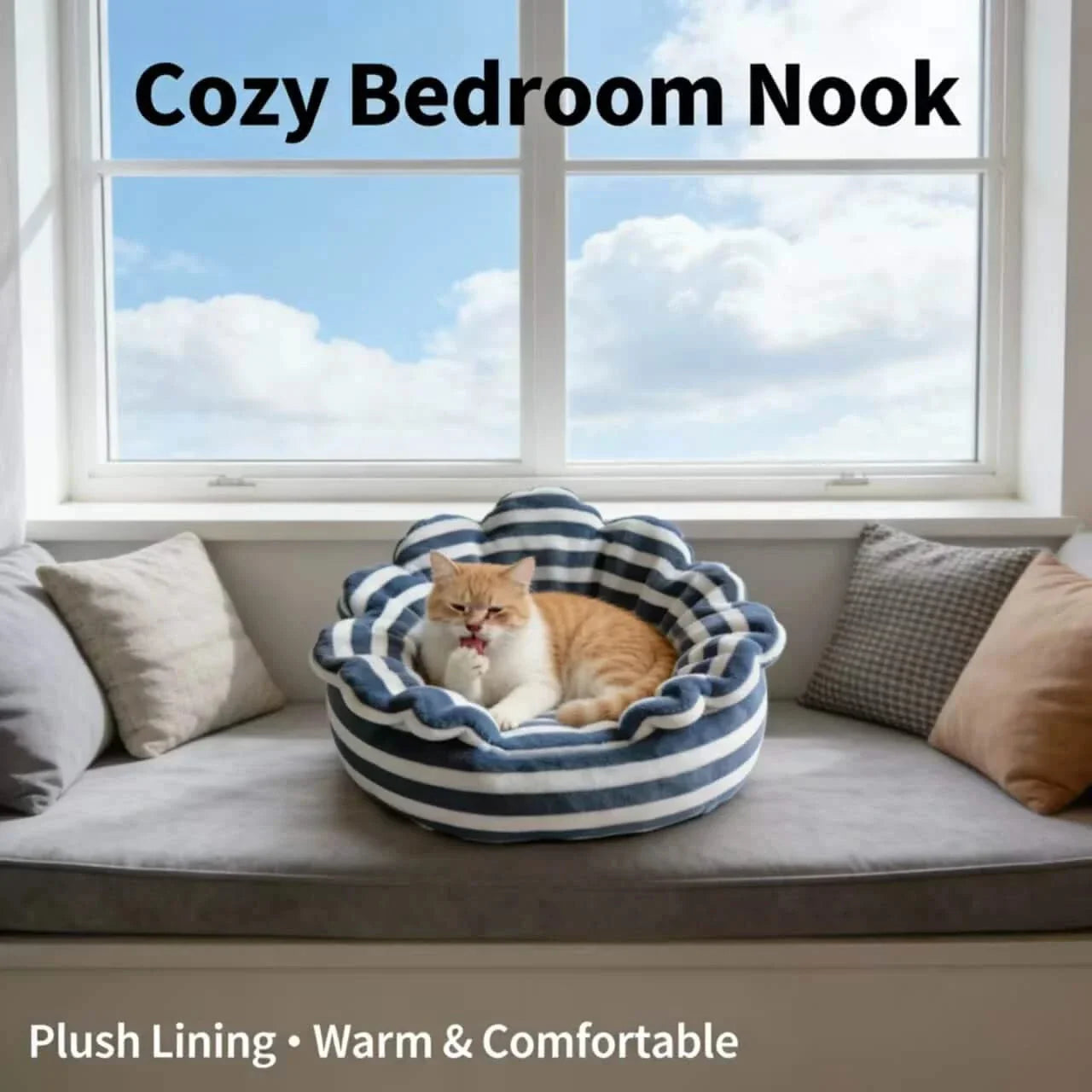  Novelty Pet Bed for Cats,  Plush Fabric, Blue/White, Quirky Nest, All-Season