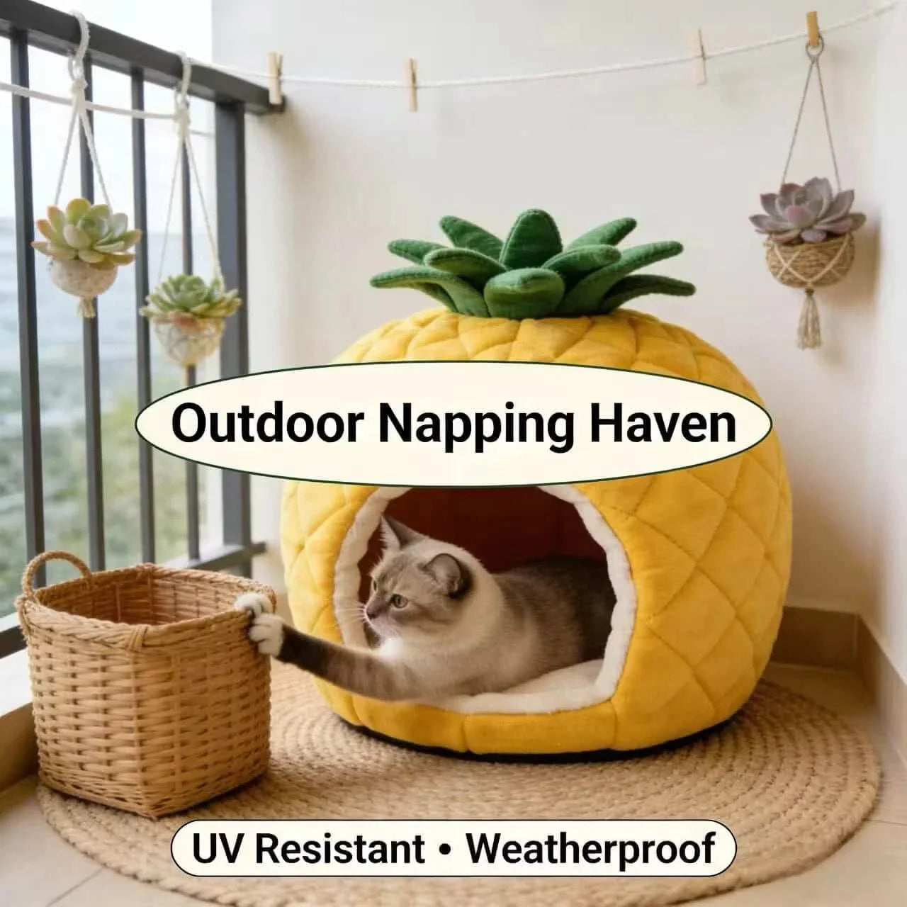 Cute Pet Bed for Cats, Pineapple Shape, Plush Fabric, Yellow/Green, Enclosed Cave