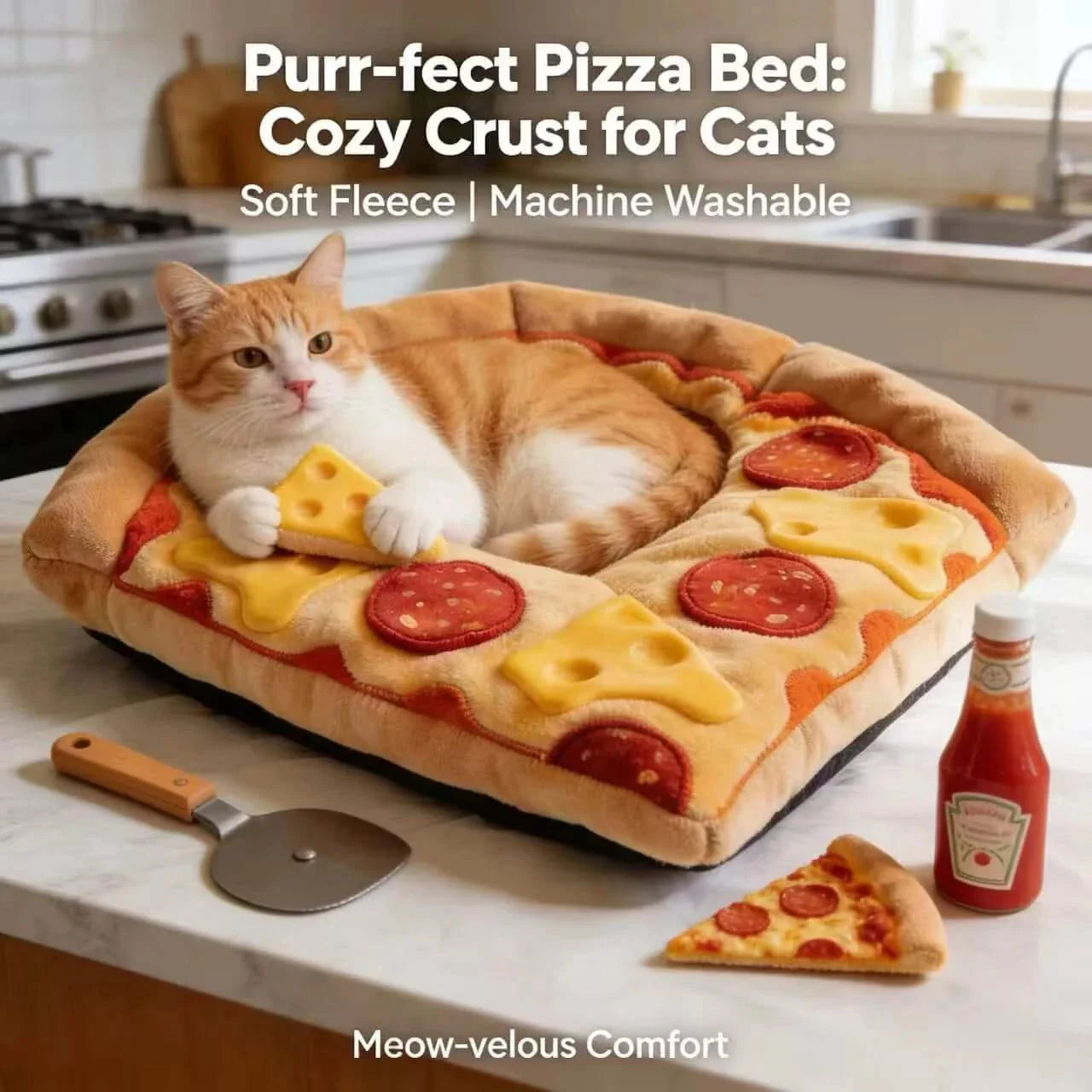 Novelty Pet Bed for Cats/Dogs, Pizza Slice Shape, Plush Fabric,  Food-Themed Nest