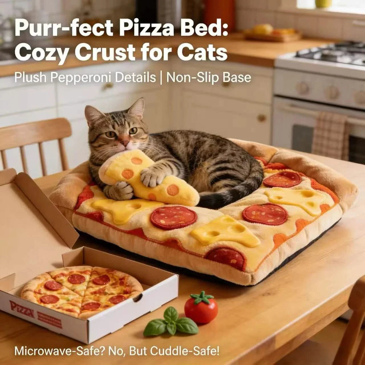 Novelty Pet Bed for Cats/Dogs, Pizza Slice Shape, Plush Fabric,  Food-Themed Nest