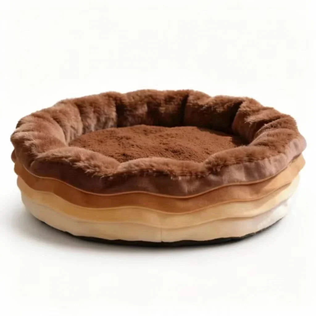 Soft Pet Bed for Dogs, Donut Round Shape, Plush Fabric, Brown/White, Calming Nest