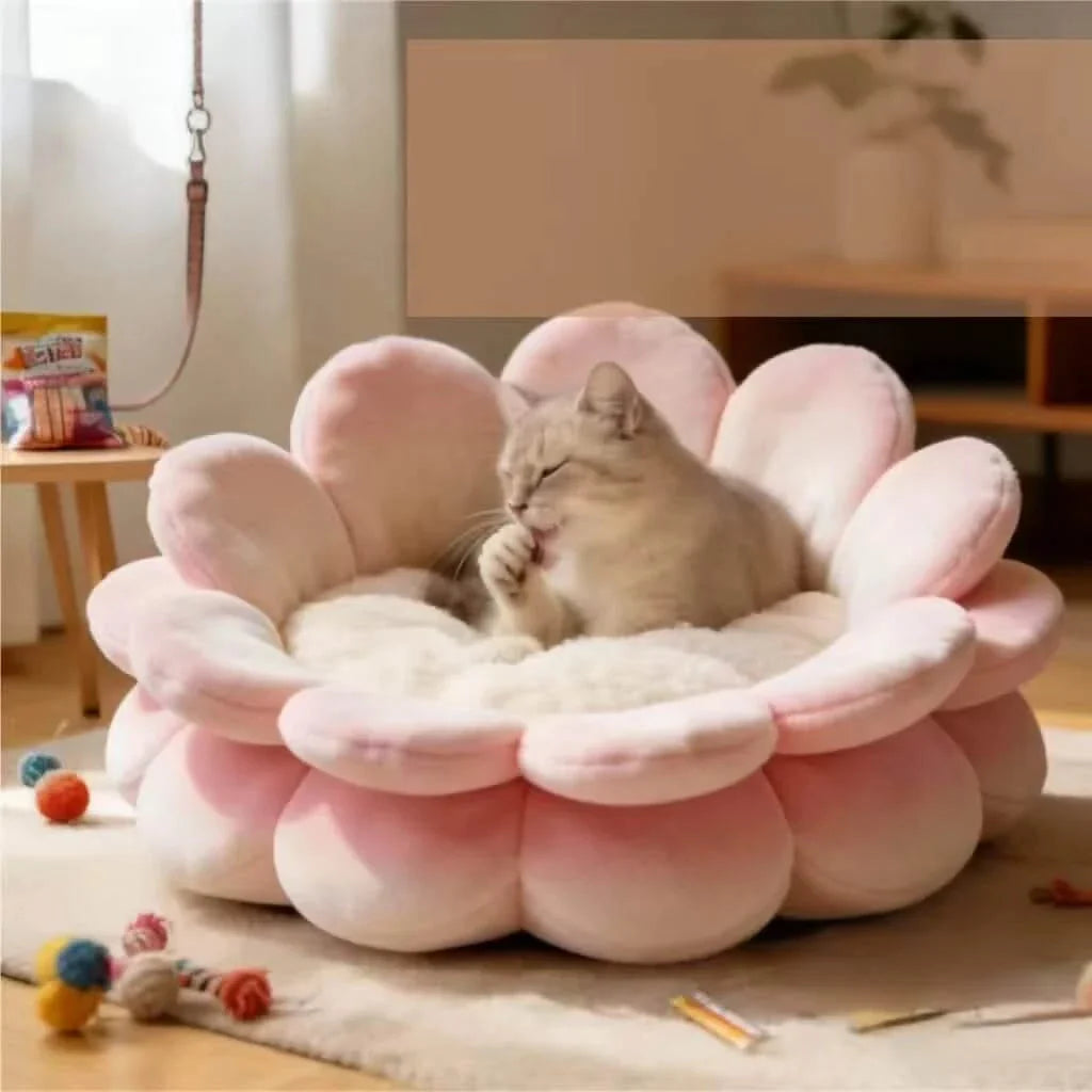 Cat Bed, Flower Blossom Shape, Soft Plush, Pink/White, Petal Edges, All-Season