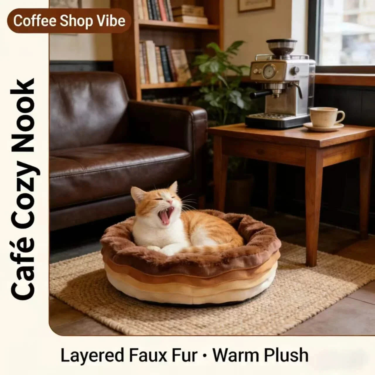 Soft Pet Bed for Dogs, Donut Round Shape, Plush Fabric, Brown/White, Calming Nest