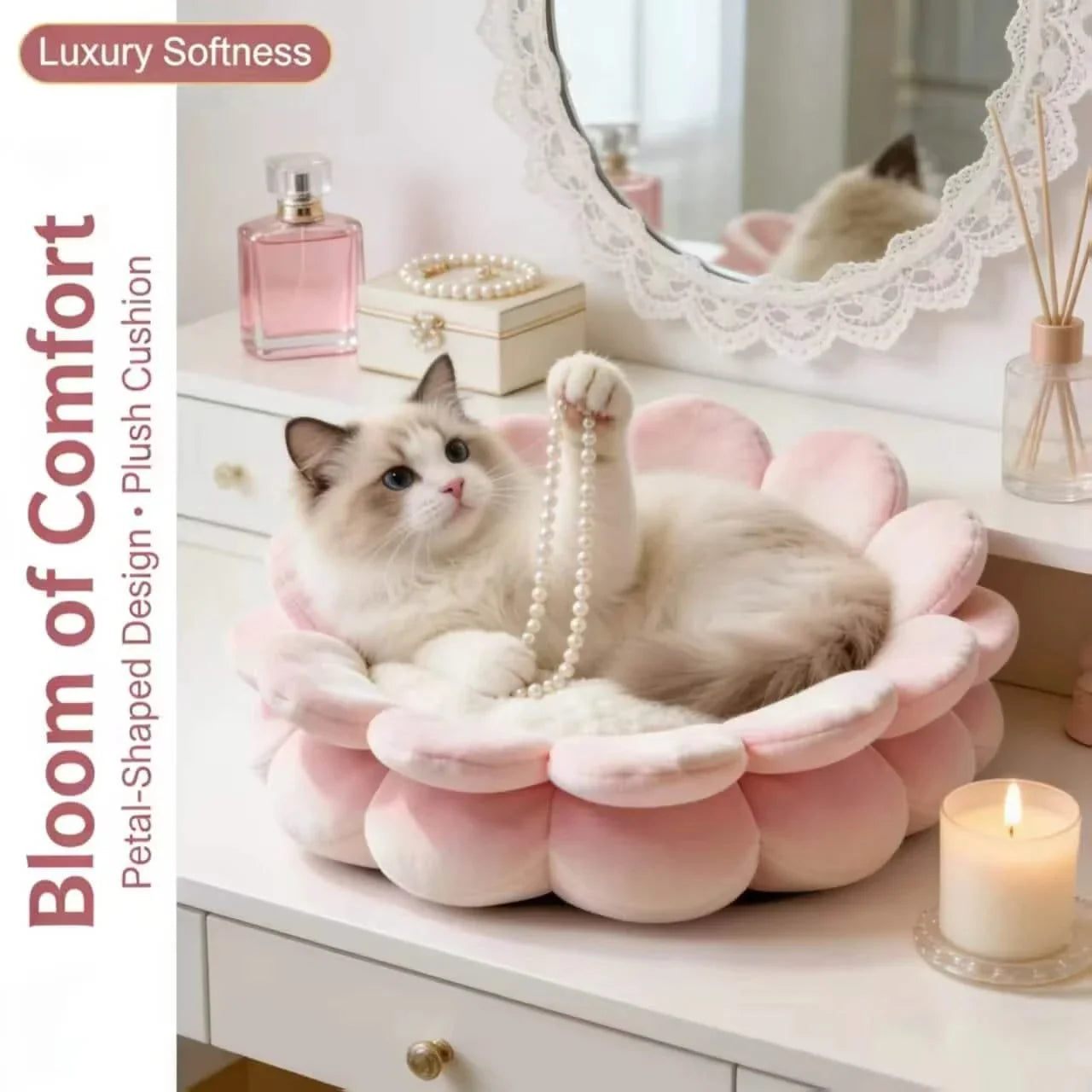 Cat Bed, Flower Blossom Shape, Soft Plush, Pink/White, Petal Edges, All-Season