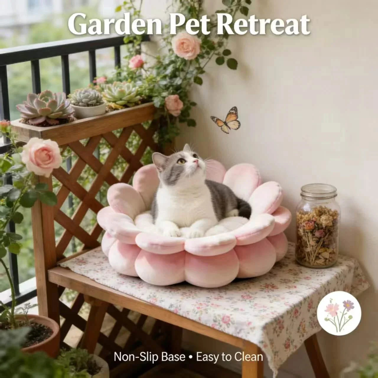 Cat Bed, Flower Blossom Shape, Soft Plush, Pink/White, Petal Edges, All-Season