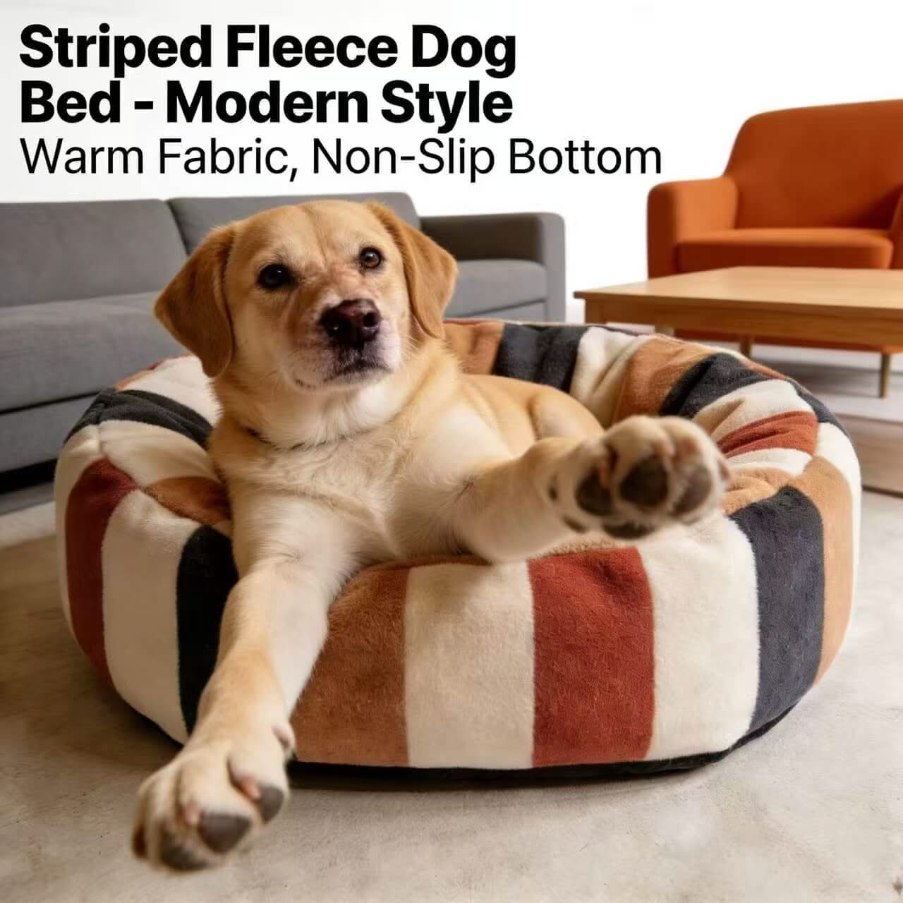 Warm Striped Fleece Pet Bed for Dogs - Multi-Color, Round, Non-Slip Bottom