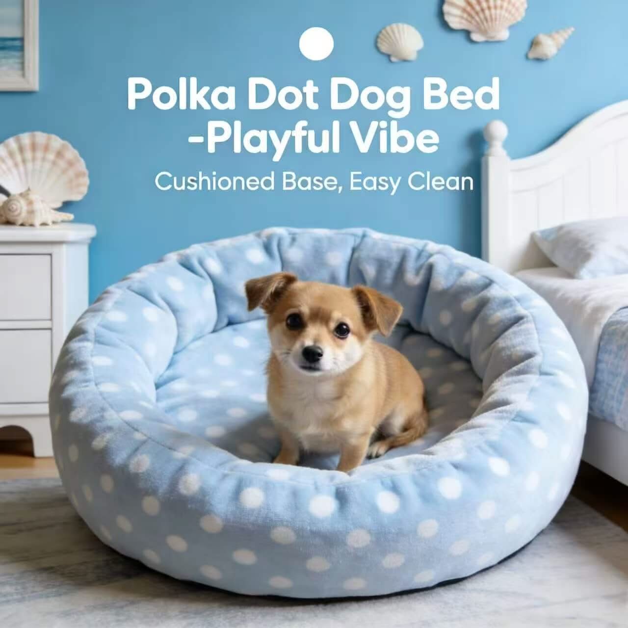 Playful Pet Bed for Dogs - Blue-White Polka Dot, Round, Cushioned Base, Easy Clean