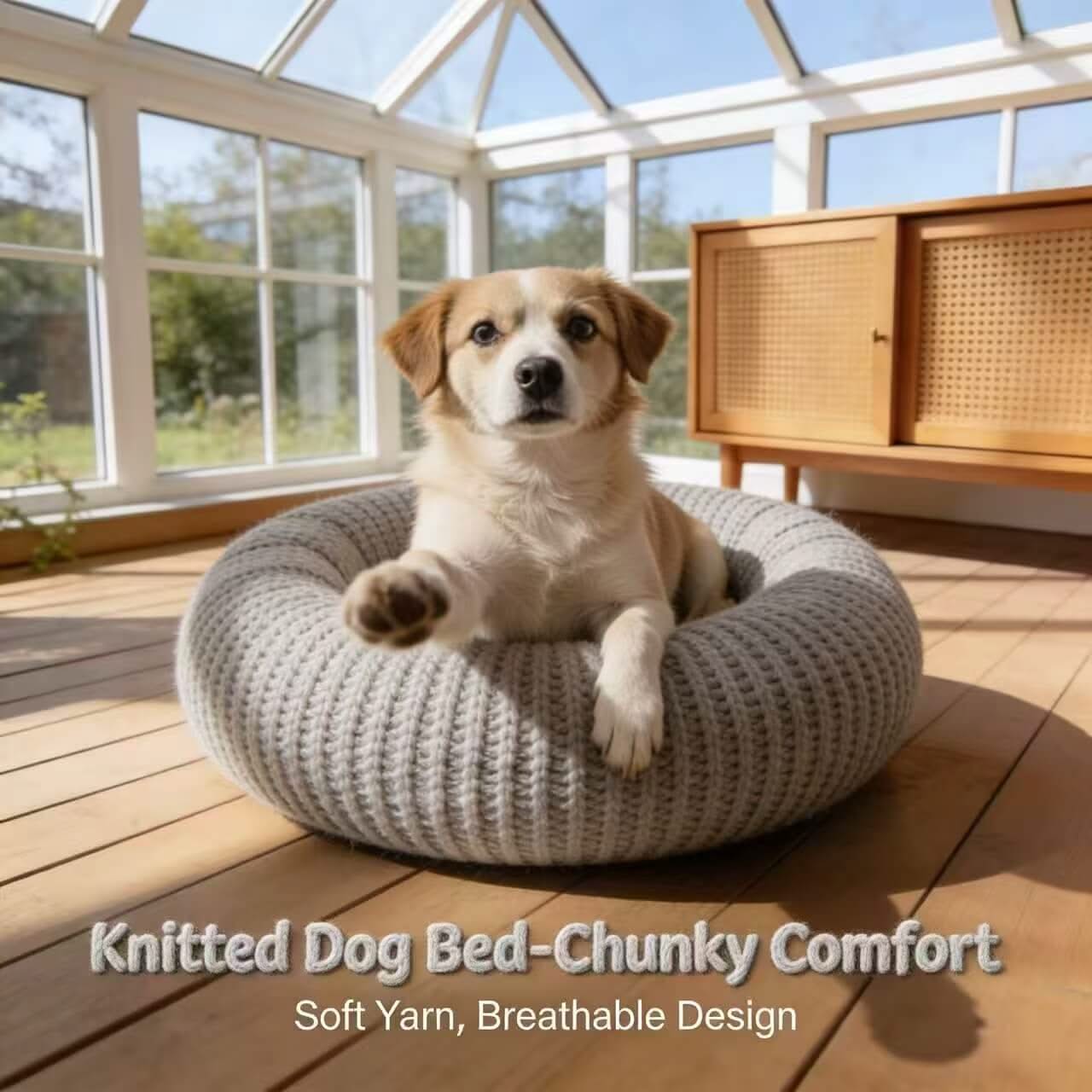 Chunky Comfort Pet Bed for Dogs - Gray, Knitted, Soft Yarn, Breathable Design
