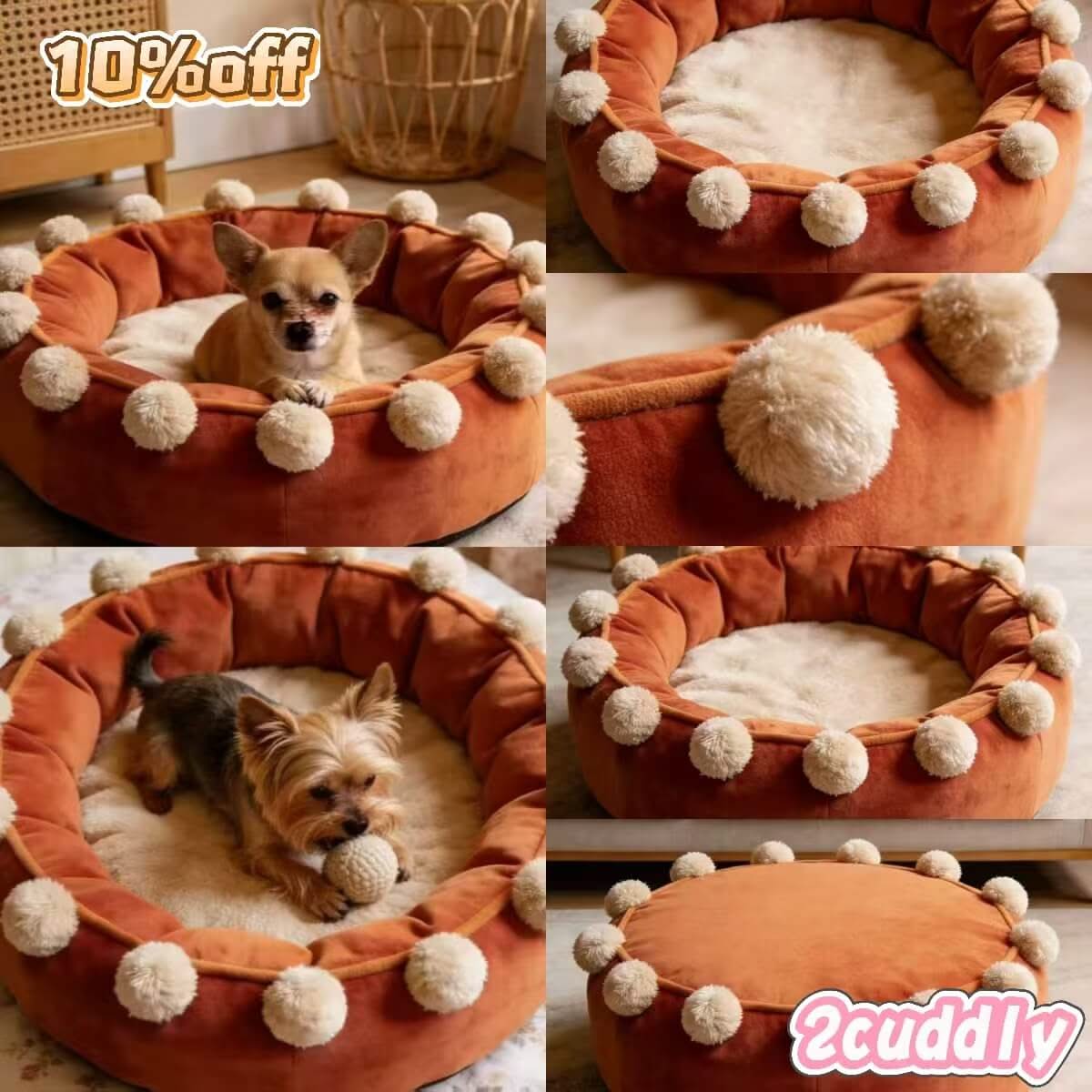 Cozy Charm Pet Bed for Dogs - Orange-Beige, Pom-Pom Trim, Soft Velvet, Plush Interior