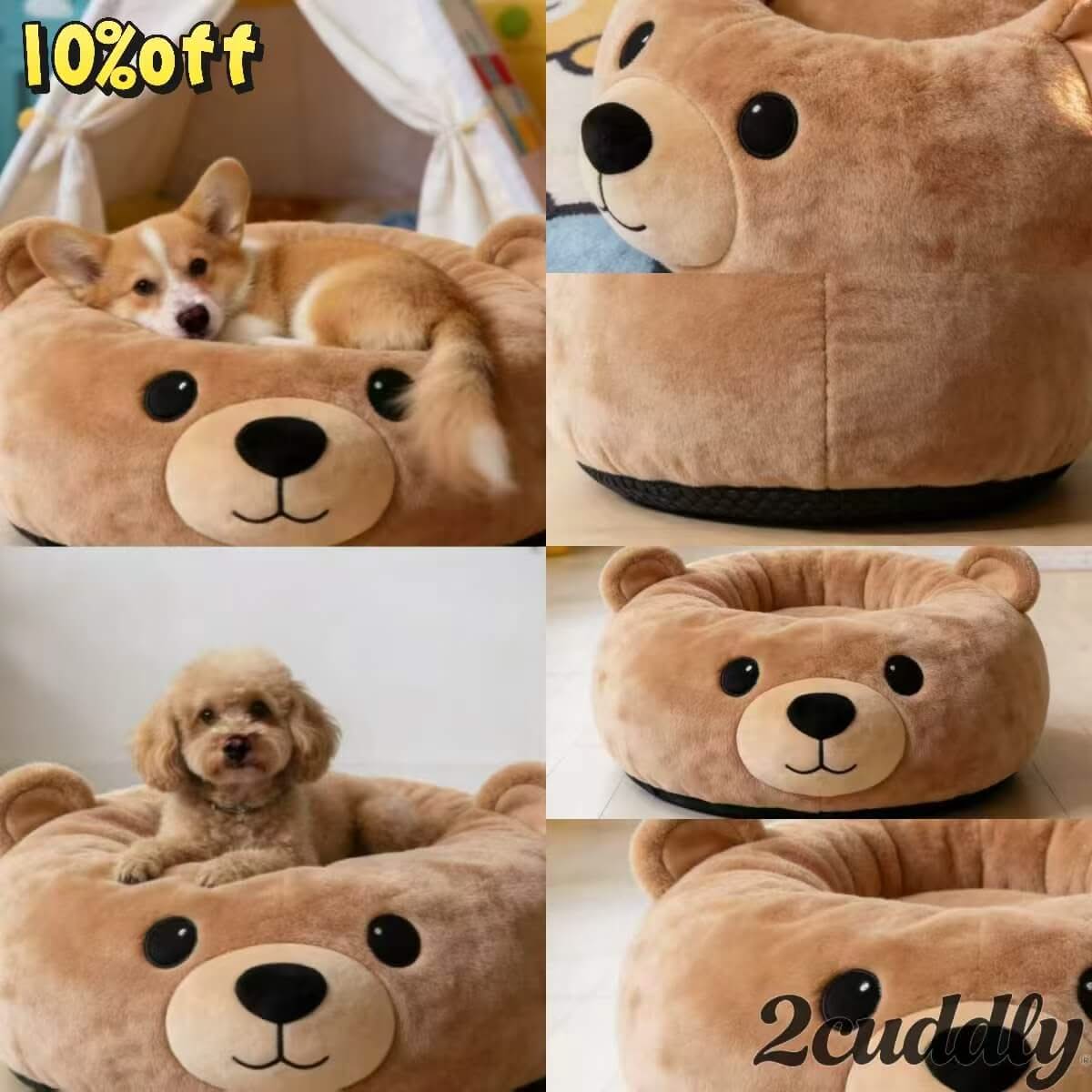 Playful Cozy Pet Bed for Dogs - Tan, Teddy Bear Shape, Soft Plush Fabric