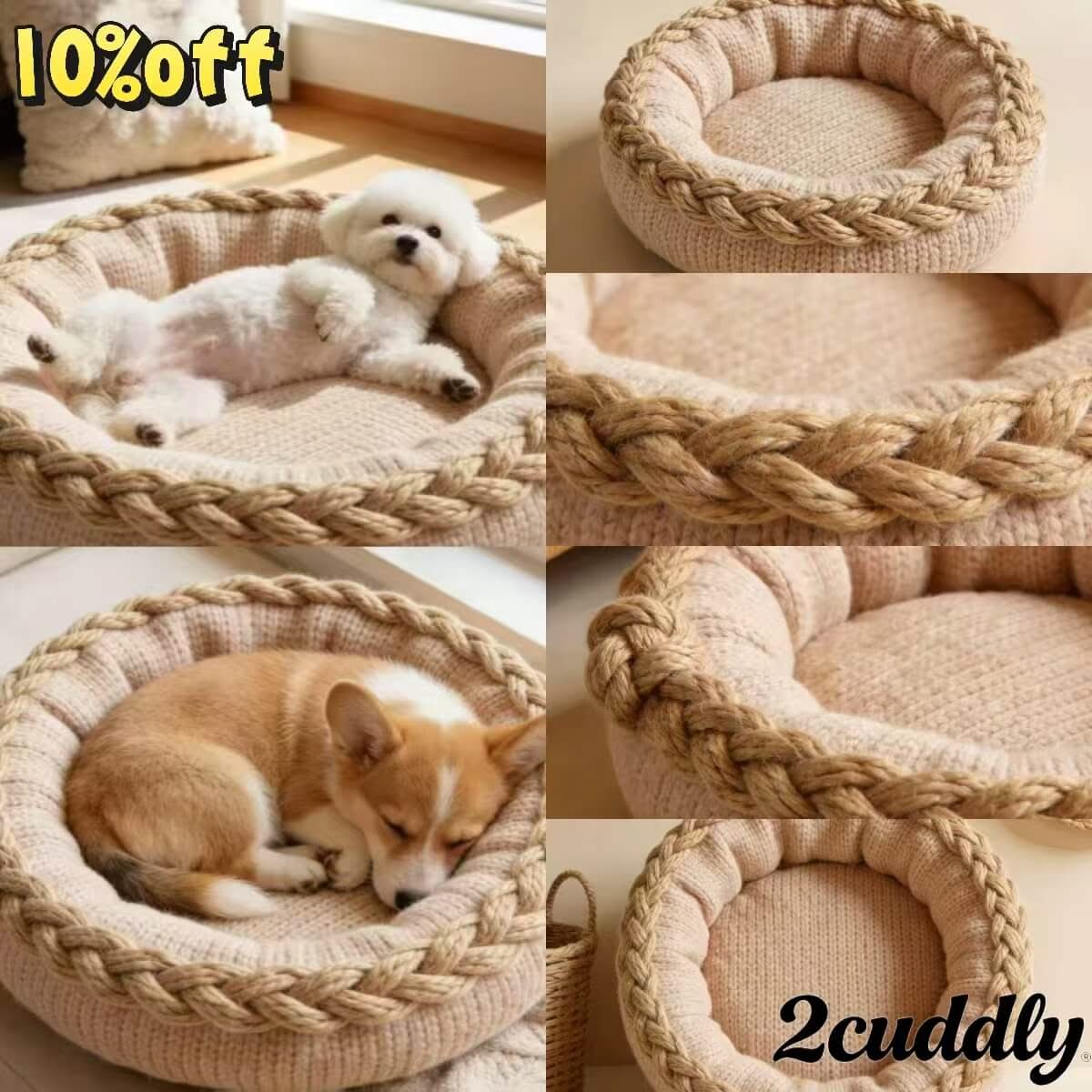 Natural Serenity Pet Bed for Dogs - Beige, Round, Braided Woven Rope Design