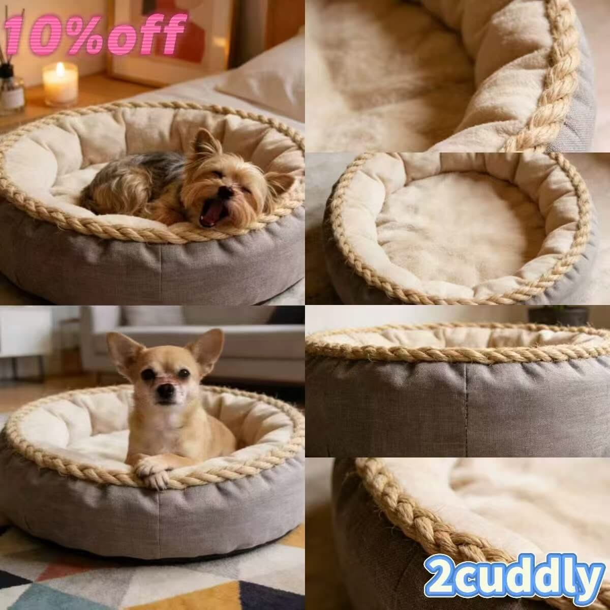 Warm Comfort Pet Bed for Dogs - Gray-Beige, Round, Braided Rope Edge, Warm Fleece
