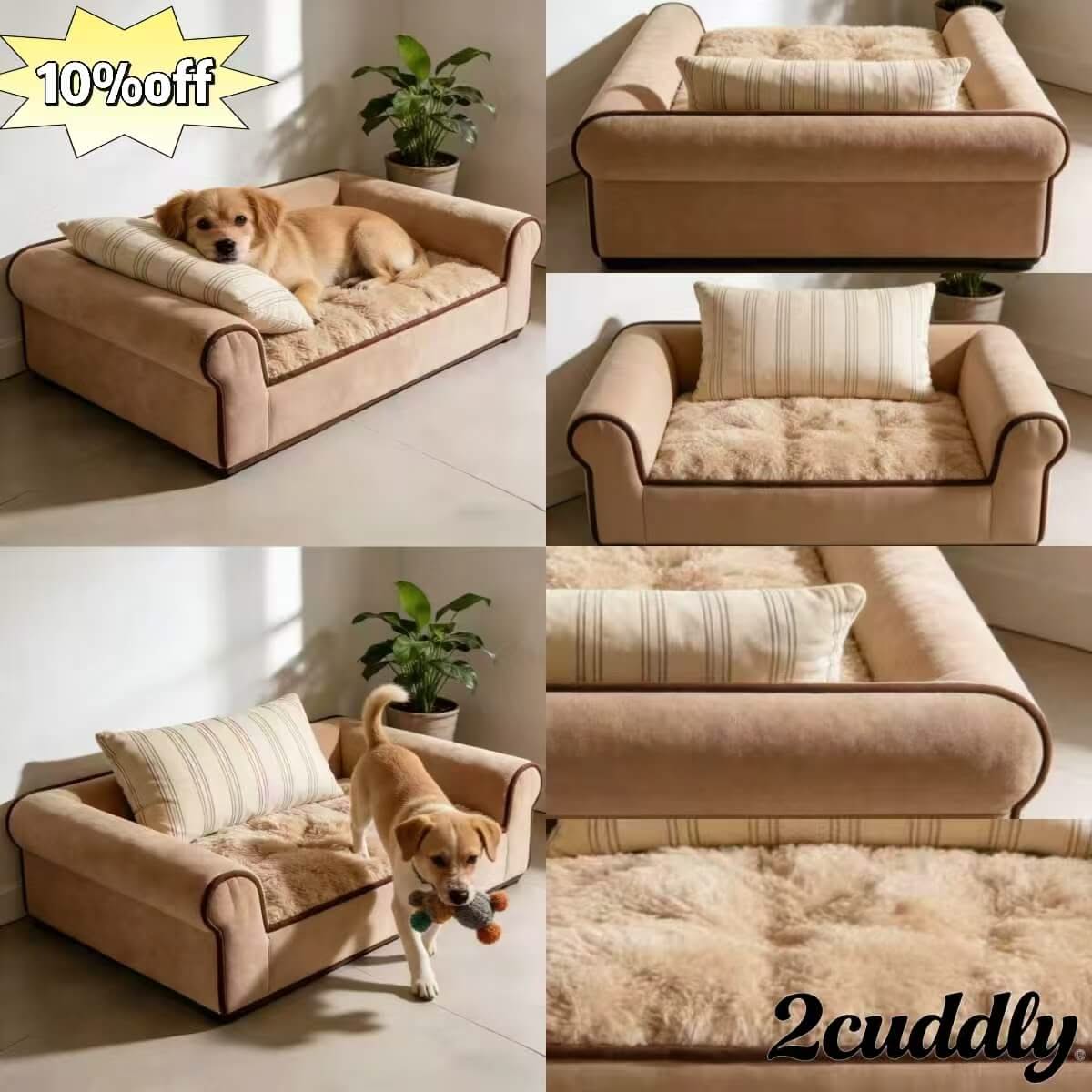 Luxury Comfort Pet Sofa for Dogs - Beige, Plush Cushion, Elegant Brown-Trim Design
