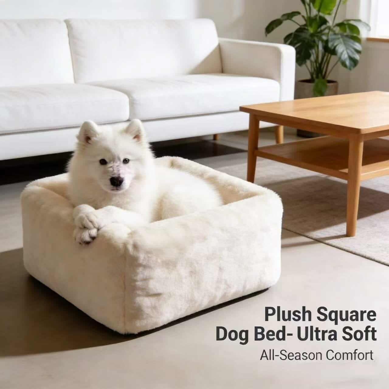 Ultra Soft All-Season Pet Bed for Dogs - White, Square, Plush Fabric