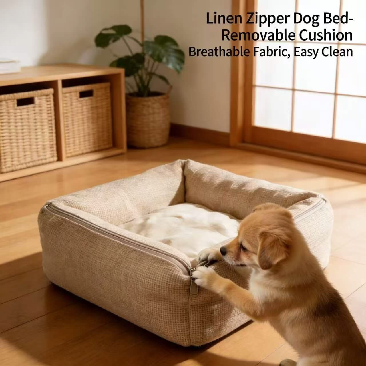 Easy Clean Pet Bed for Dogs - Beige Linen, Zipper Design, Removable Cushion, Breathable