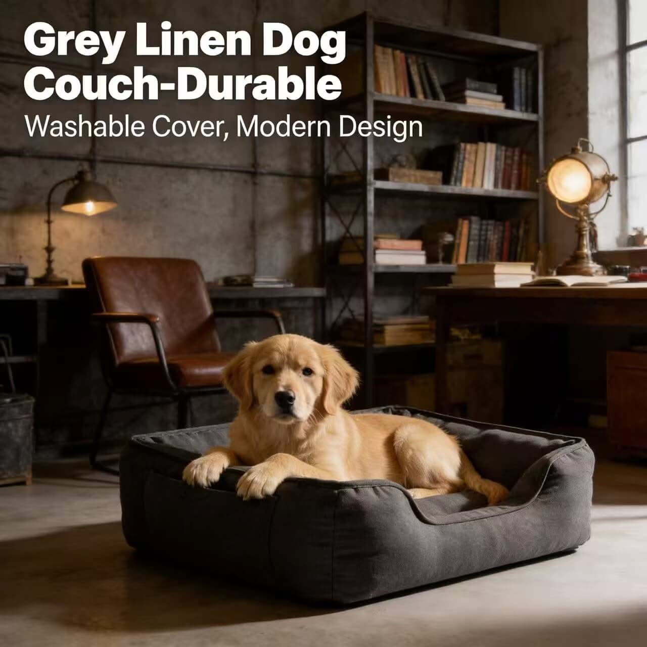 Durable Washable Pet Bed for Dogs - Grey Linen, Modern Design