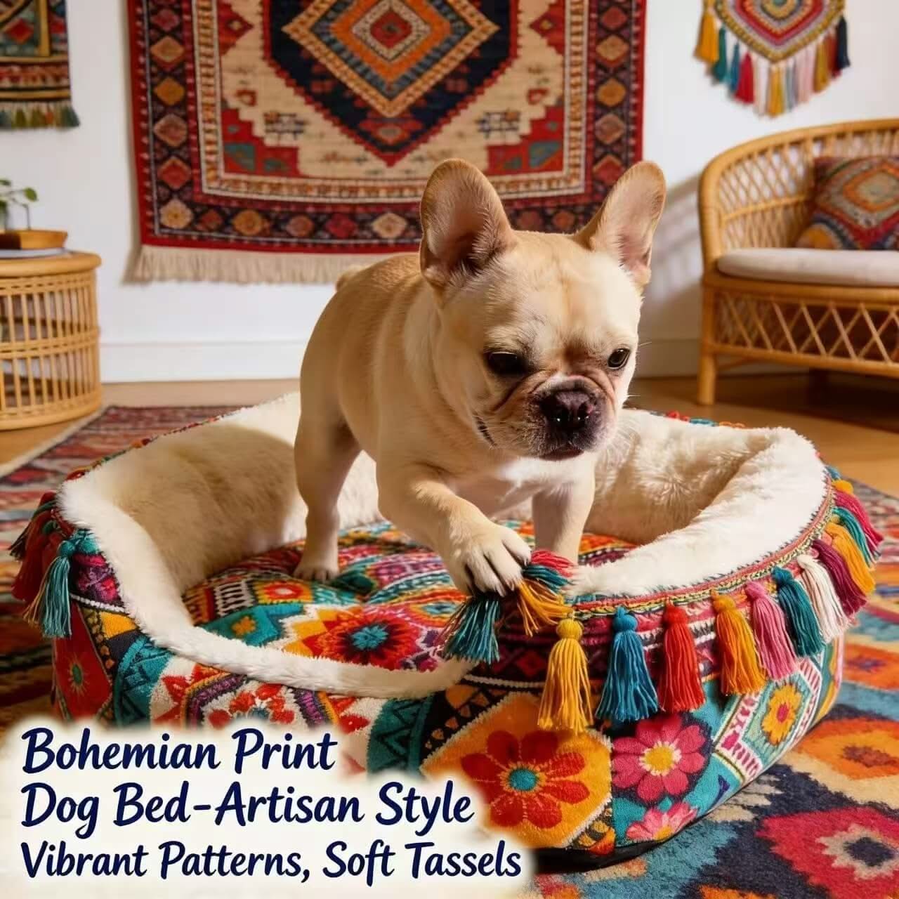Artisan Cozy Pet Bed for Dogs - Bohemian Print, Soft Tassels, Plush Interior