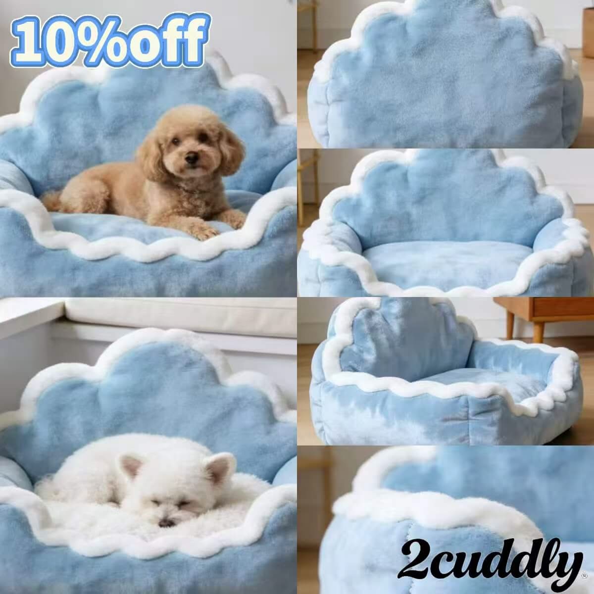 Cozy Pet Sofa for Dogs - Blue-White, Cloud Shape, Fluffy Edges, Plush Fabric