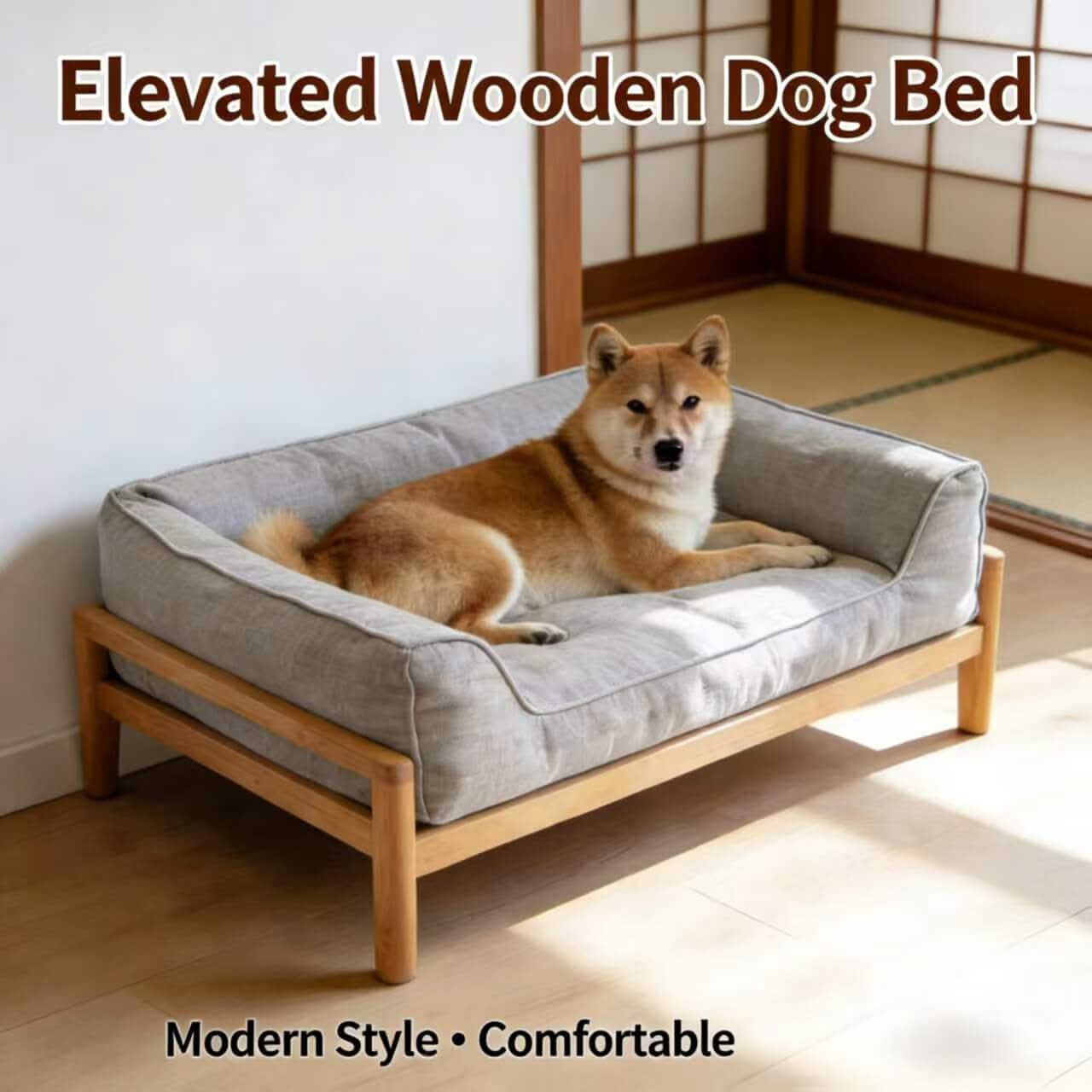 Elevated Pet Bed for Dogs - Wooden Frame, Modern Style, Gray Fabric