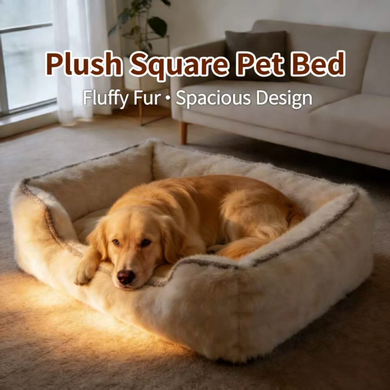 Spacious Cozy Pet Bed for Dogs - Beige, Square, Fluffy Fur Design
