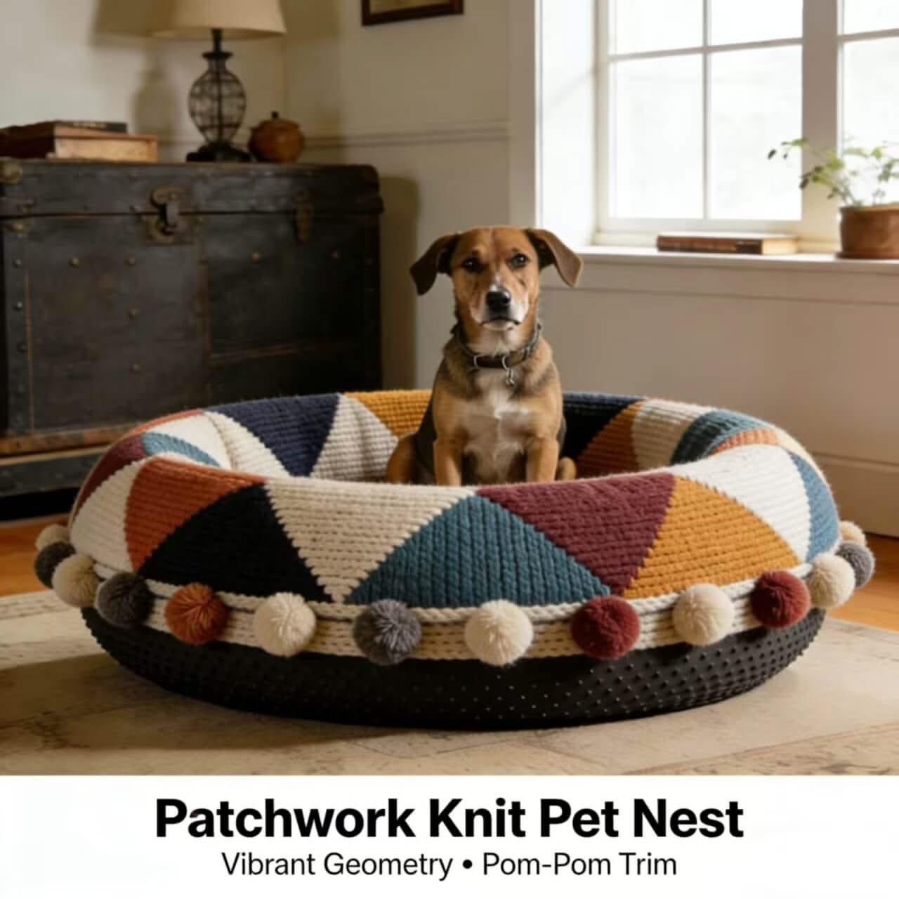 Cozy Pet Bed for Dogs - Multi-Color, Patchwork Knit, Vibrant Geometry, Pom-Pom Trim