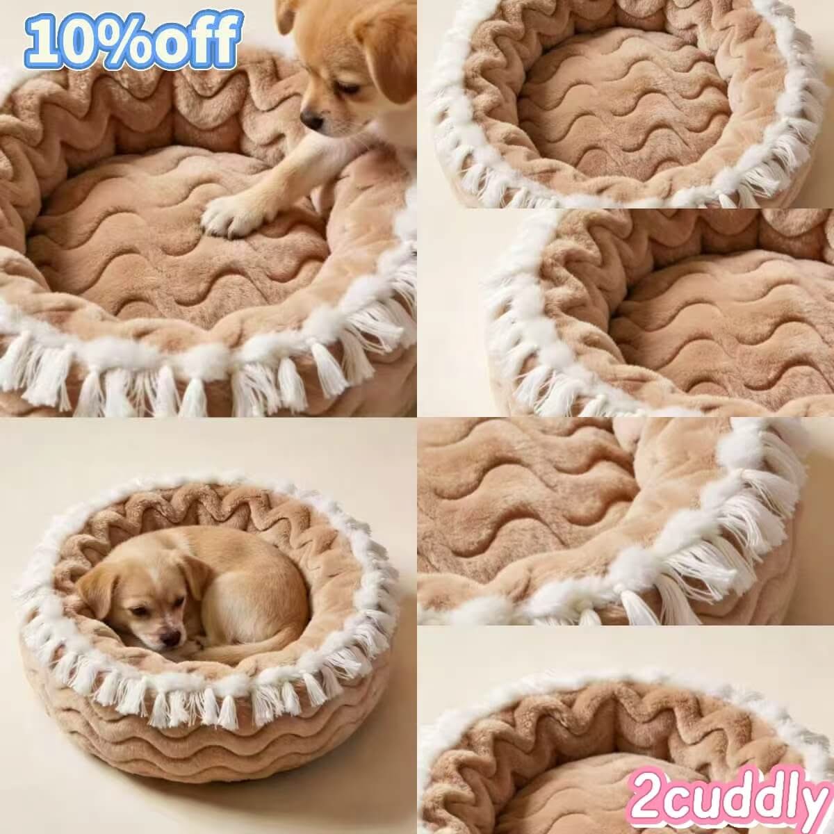 Cozy Bohemian Pet Bed for Dogs - Brown-White, Wavy Pattern, Soft Tassels