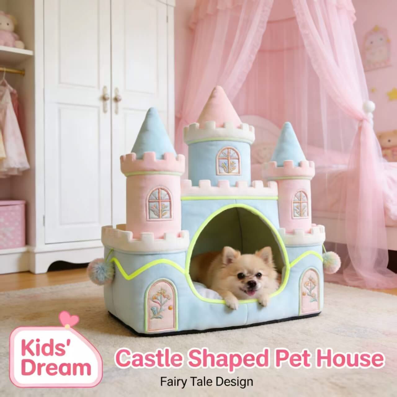 Fairy-Tale Pet Bed for Dogs/Cats - Castle Shape, Pink-Blue, Plush, Kids' Room-Friendly