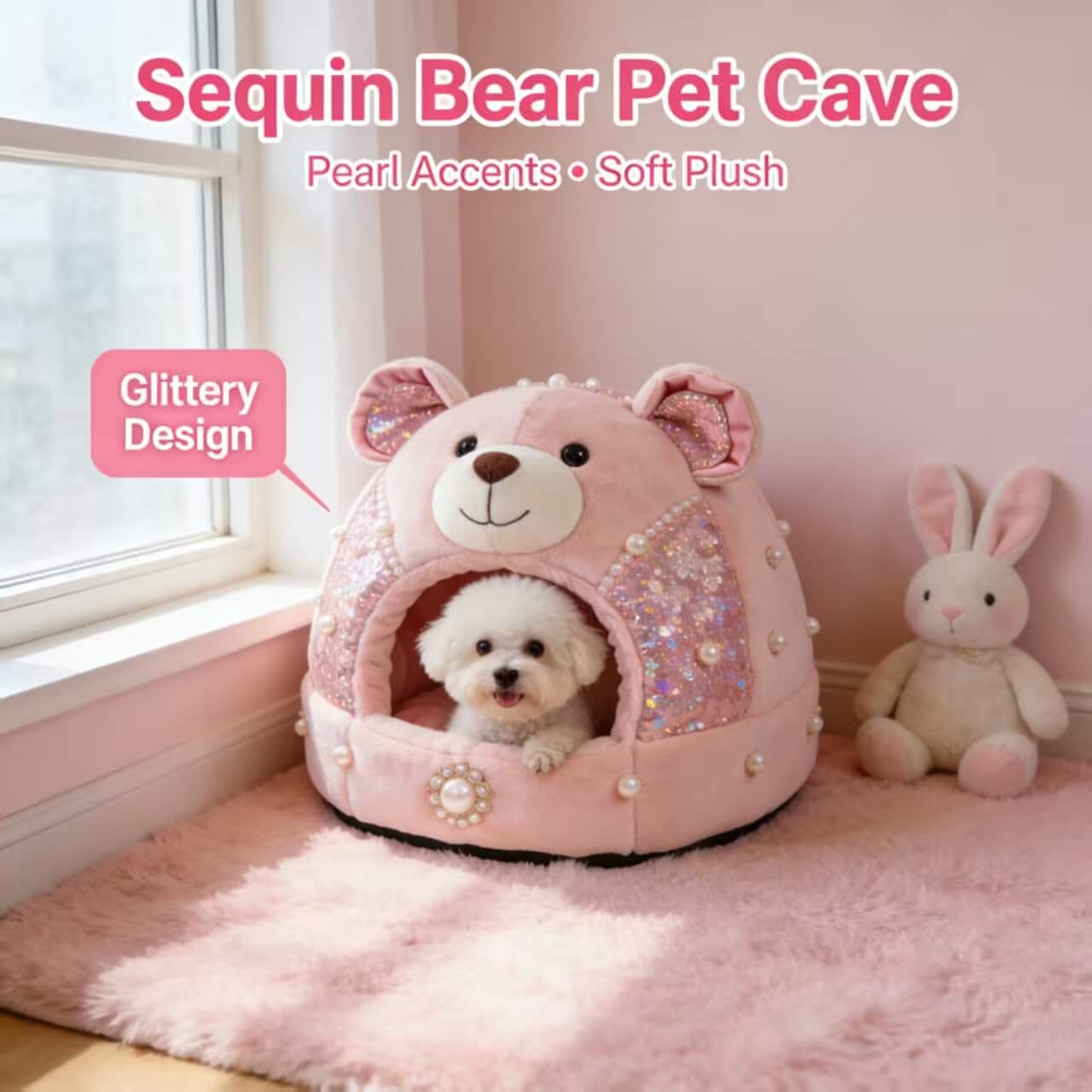 Glittery Cozy Pet Bed for Dogs/Cats - Pink Bear Shape, Sequin, Pearl Accents, Soft Plush