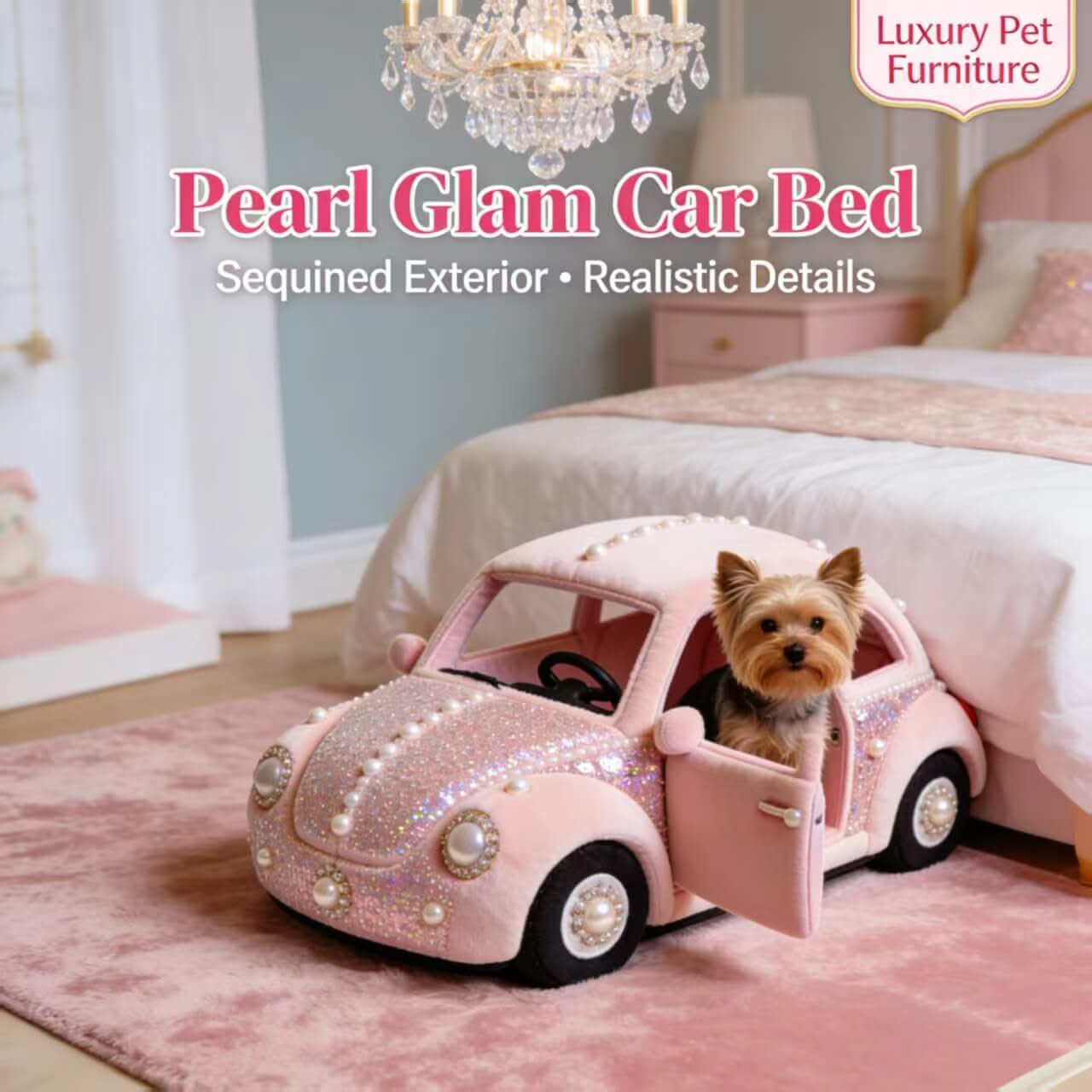 Luxury Pearl-Glam Car Pet Bed for Dogs - Pink, Sequined Exterior, Realistic Details