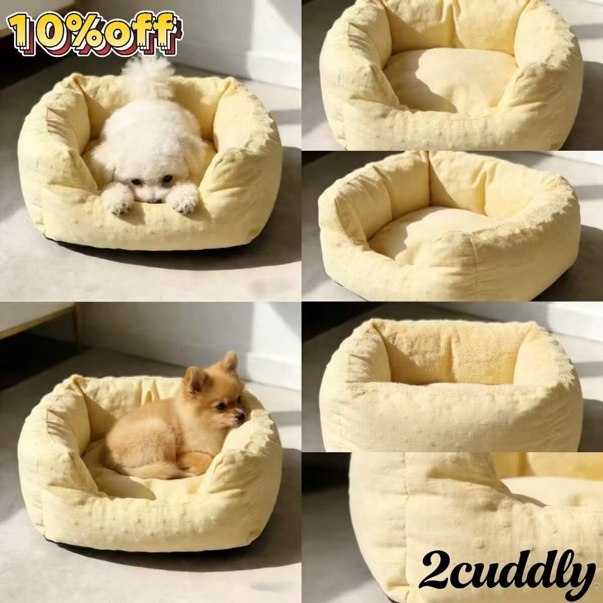 Cozy Instagrammable Pet Bed for Dogs - Light Yellow, Round, 3D Polka Dots, Plush Fabric