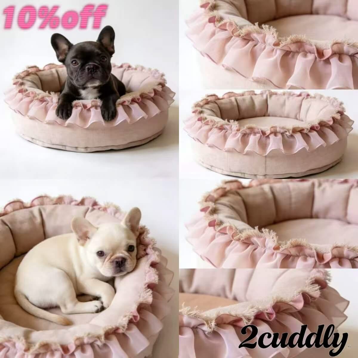 Romantic French Country Pet Bed for Dogs - Round, Pink-Beige, Ruffled Fringe Double-Layer Trim