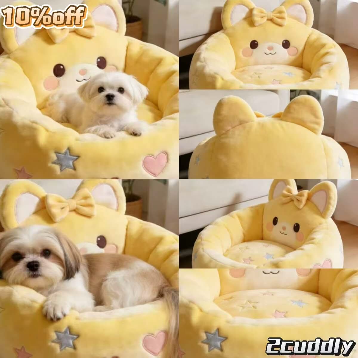 Princess-Room Pet Bed for Dogs - Pink Bunny Shaped, Star-Heart Motifs, Fluffy Fabric, Bow Accent