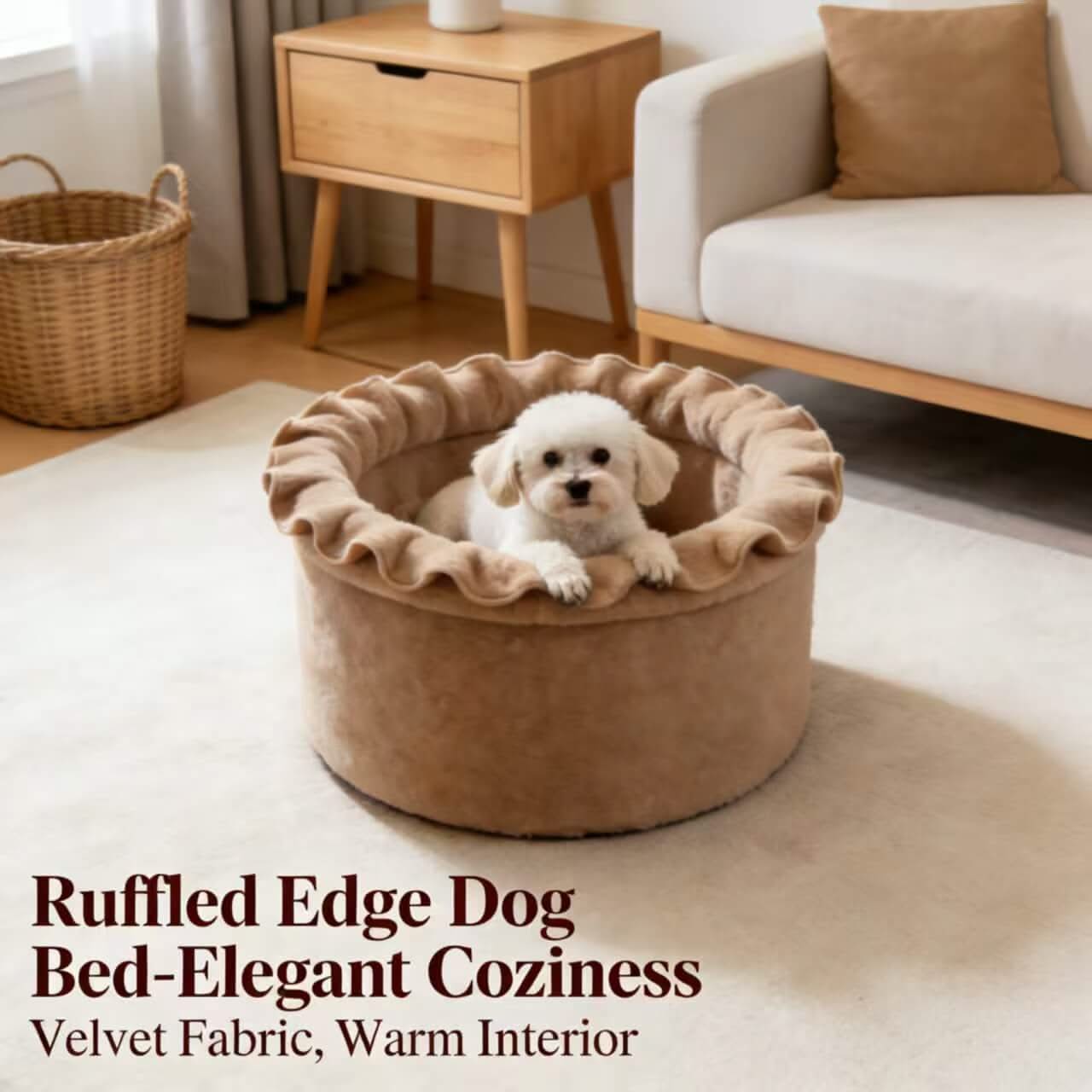 Elegant Cozy Ruffled Edge Dog Bed: Velvet Fabric, Warm Interior for Dogs