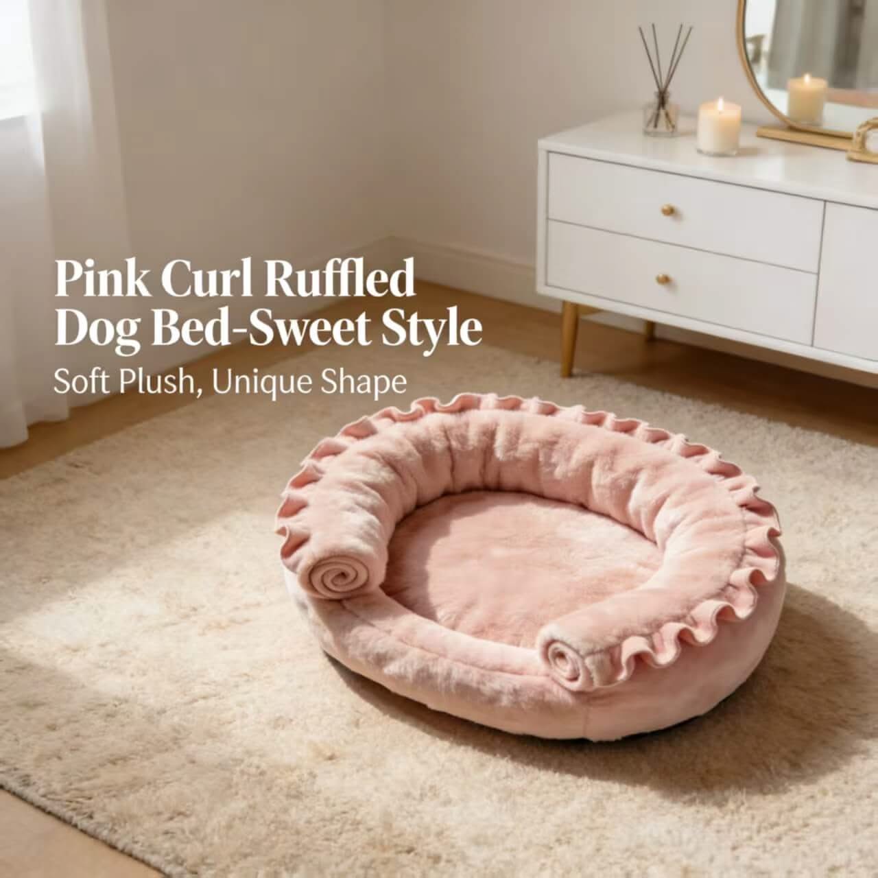 Sweet-Style Pet Bed for Dogs - Pink Curl Ruffled, Soft Plush, Unique Shape